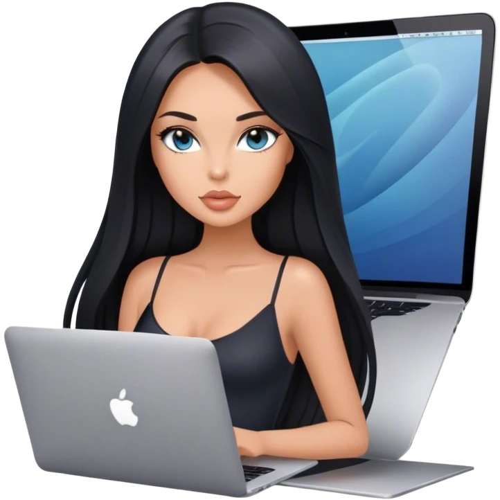 Glamours tanned very beautiful girl with pump peach nude lips and black straight smooth long hair, blue-grey eyes in black bodysuit with MacBook emoji