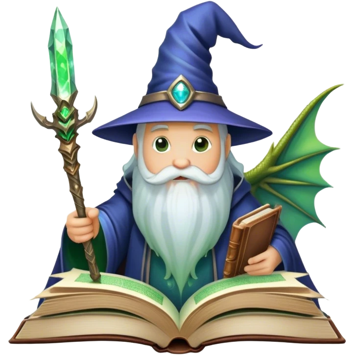 Icon for Fantasy and Sci-Fi Literature: a magical book with glowing pages, surrounded by a dragon, a spaceship, and a wizard with a staff. The icon should capture the adventurous and imaginative world of fantasy and science fiction. Transparent background. emoji