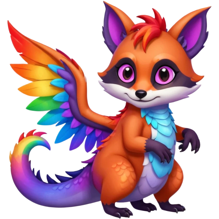black female raccoon dragon hybrid with rainbow colored wings and purple eyes giving a hug to a red female fox dragon hybrid with rainbow colored wings and orange eyes emoji
