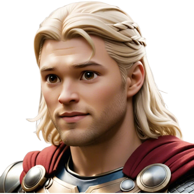 Cinematic Realistic Thor Portrait, head tilted playfully and inquisitively, showcasing his robust form and a warm, disarming smile. His expressive eyes and detailed armor are captured with lifelike clarity, as soft natural highlights reveal a side of the mighty god that is both approachable and full of mirth. emoji