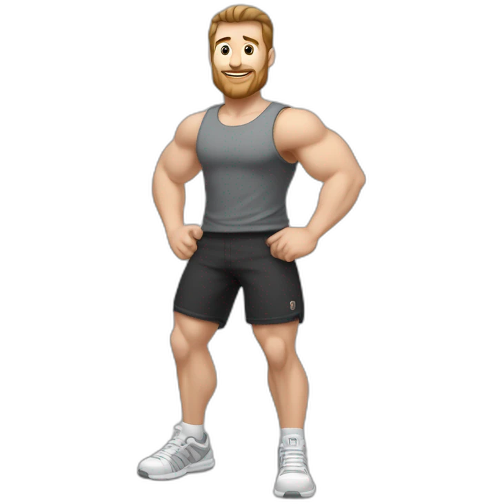 Full height Actively gesturing  with hands Pale skinned Fit Man With the biceps and brown hair in dark gray Sleeveless Mike, black oversize sports shorts, watch and white Sneakers emoji
