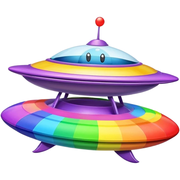 A colorful rainbow crayon character riding on top of a flying saucer UFO in space emoji