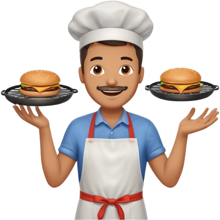 A cheerful man in an apron flipping burgers on a sizzling grill with smoke puffing upward. emoji