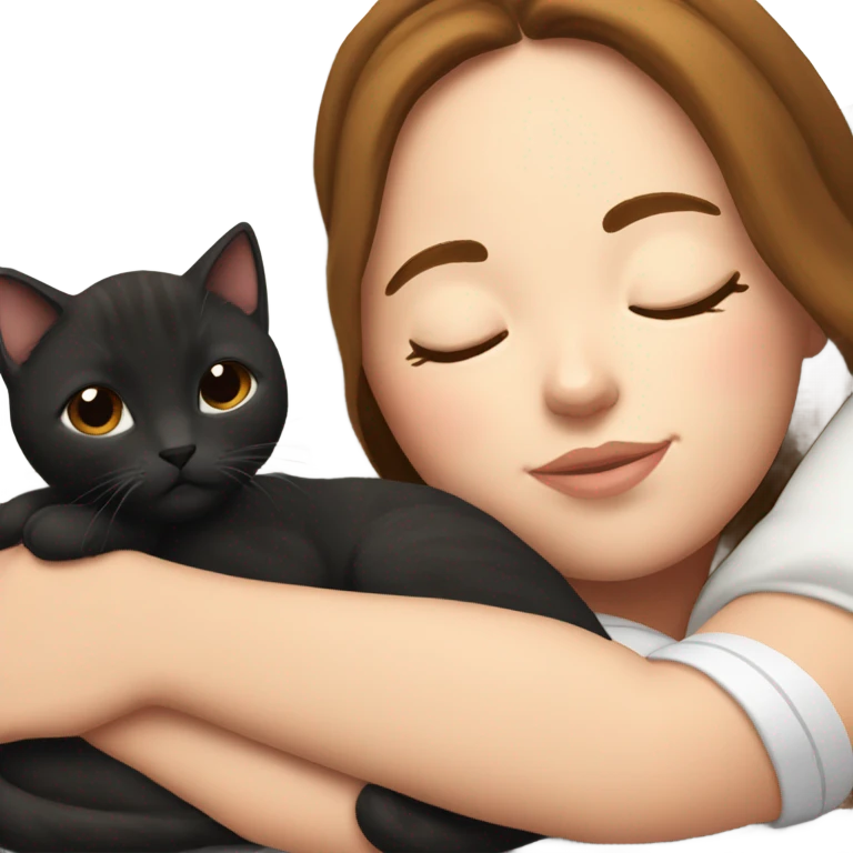 White girl brown hair sleeping with two black kitties emoji