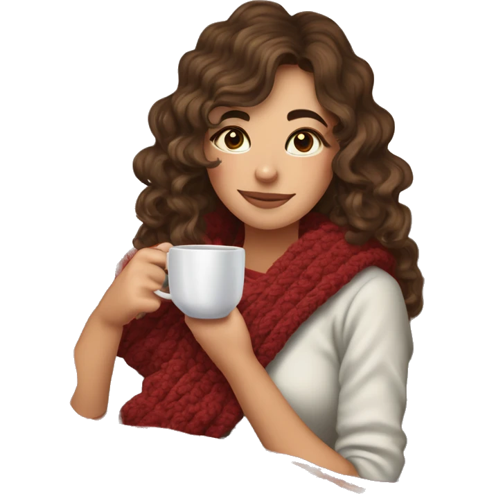 26 year old wonan with brown soft wavy hair and curtain bangs who crochets on the sofa with a blanket on herself. Near her there is a cup of tea. It’s Christmas time emoji