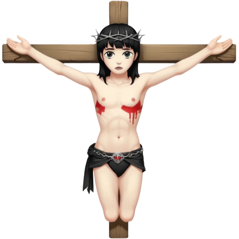jesus-body-on-the-cross, crucifix, black hair, punk hair, punk bangs emoji