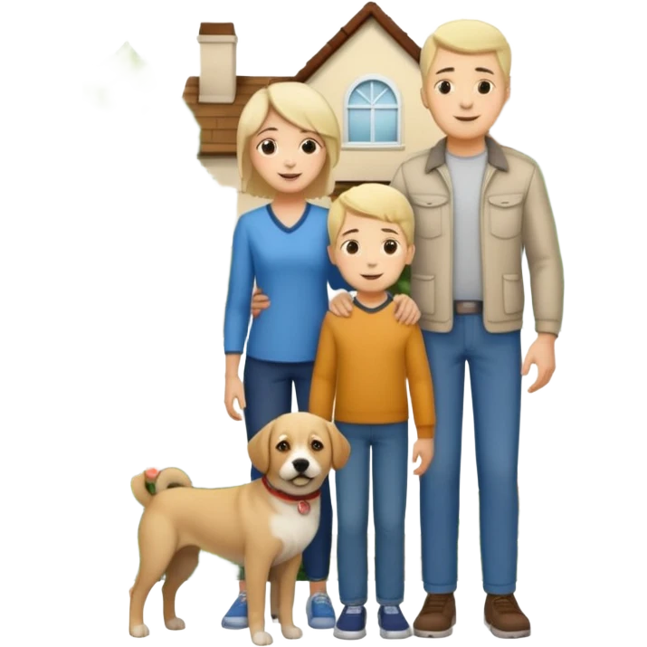 1 Father 1 Mother and 1 young boy who is half as tall as the parents, standing in front of their house with a dog next to them. Everyone should look VERY happy. There MUST be a house behind them with trees and plants emoji