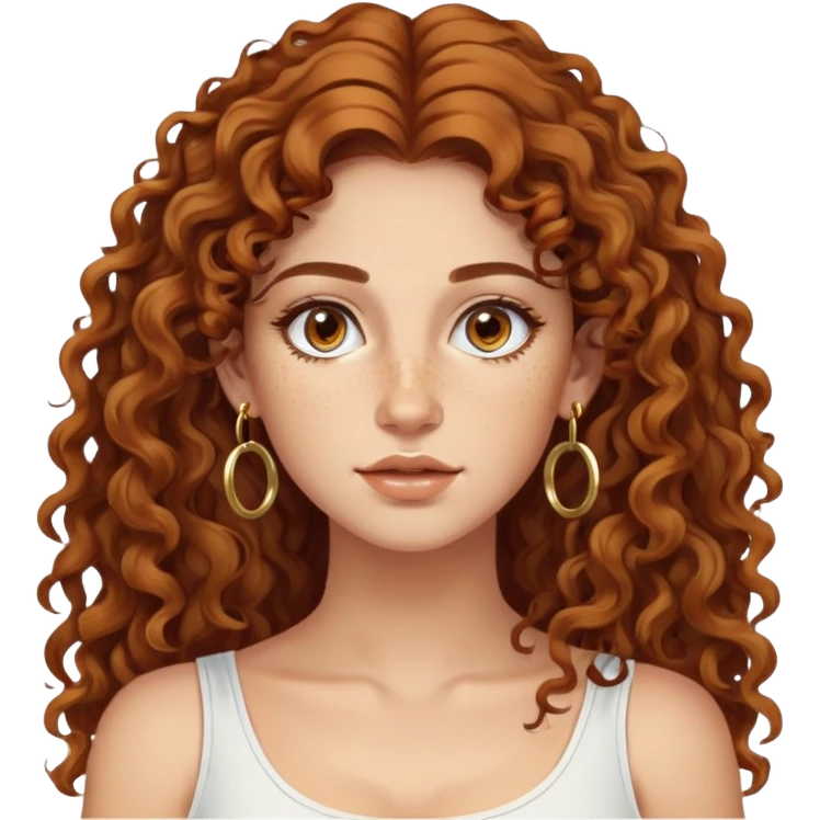 Attractive Greek woman with wide face, freckles, long curly amber-brown hair and gold hoop earrings emoji