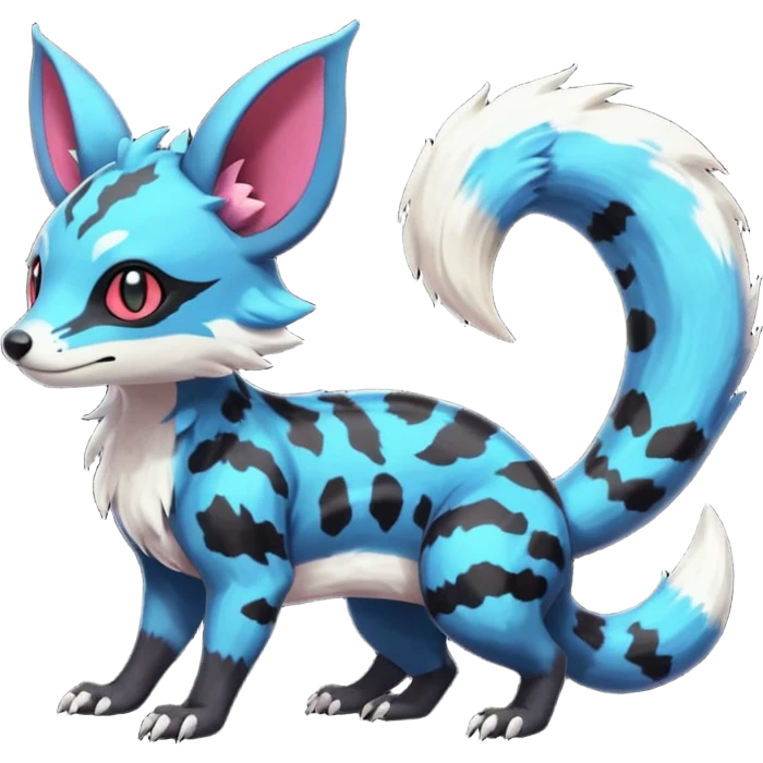 Rare exotic cute epic aesthetic colorful Salandit-Eevee-Civet-species-Fakemon-hybrid-creature, with markings, full body emoji