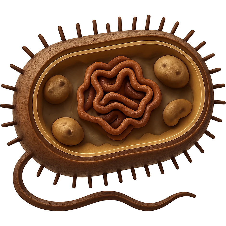 Make the bacteria more 3D with visible internal organelles. Keep earth tone colors and remove the background. Style: GPT Image. emoji