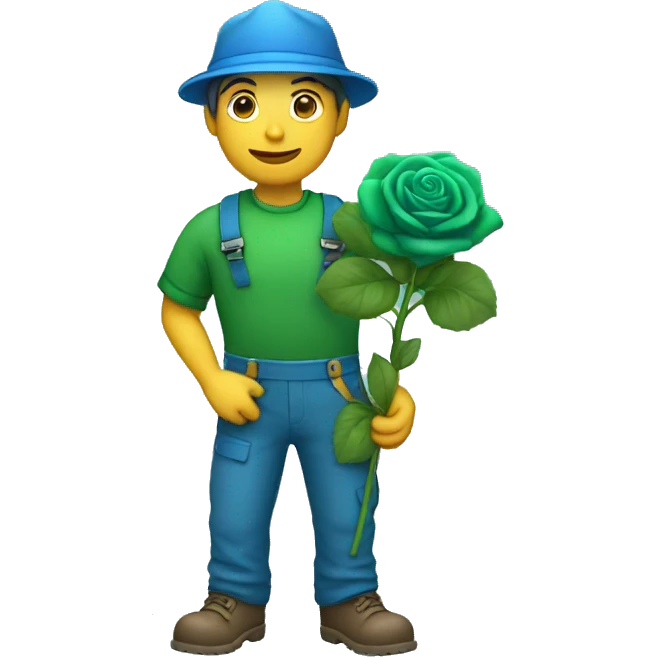 gardener with green clothes holds blue rose emoji