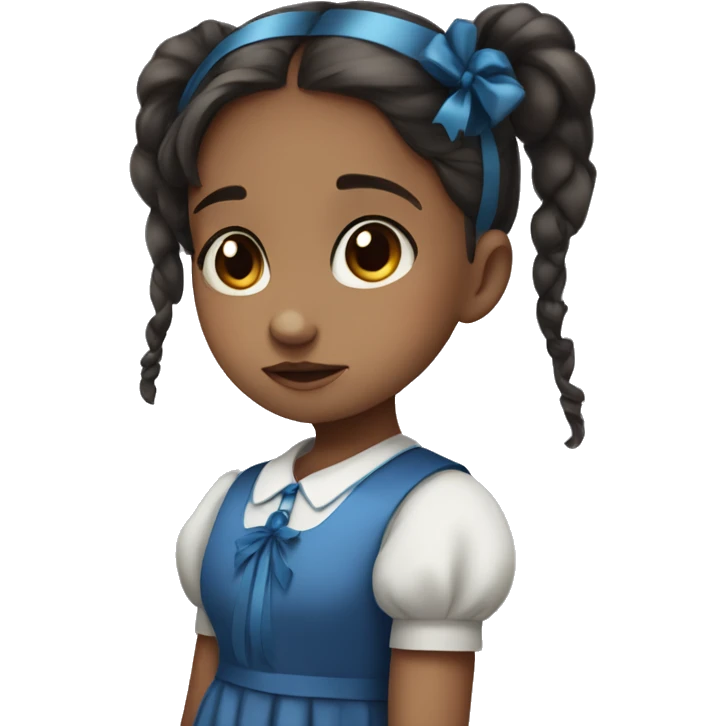 little girl with dark pigtails, blue ribbons, blue dress, big sad brown eyes emoji