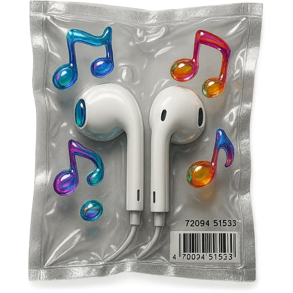 pair of white EarPods with floating multicolored glassy music notes around, shiny and inflated emoji