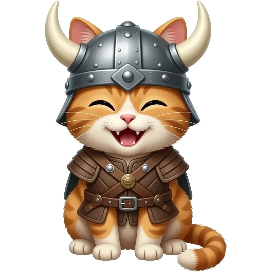 A laughing cat wearing an authentic Viking helmet without horns, like Gjermundbu emoji