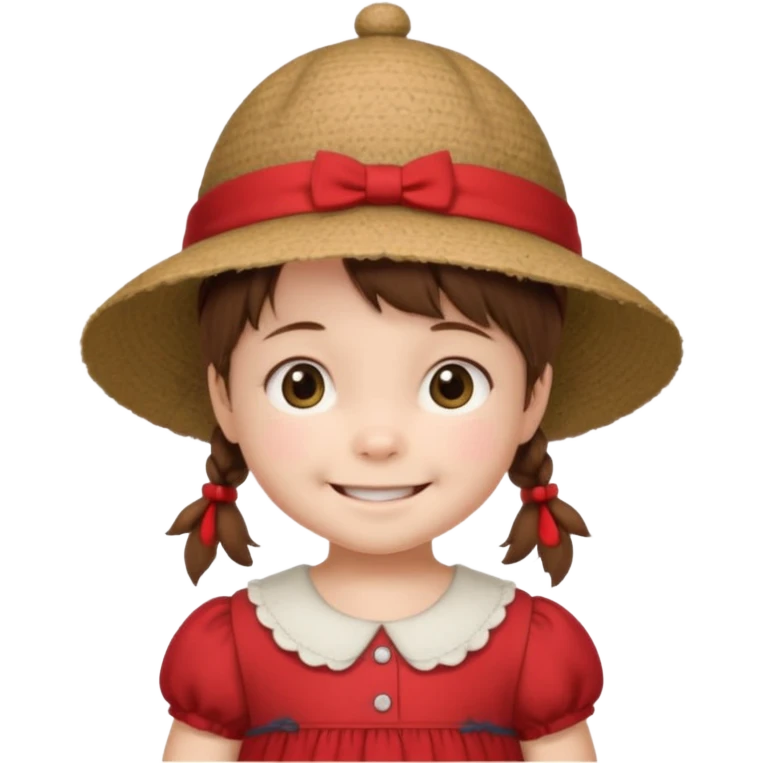 baby girl with brown hair and pigtails with a hat and red dress like My Neighbor Totoro movie emoji