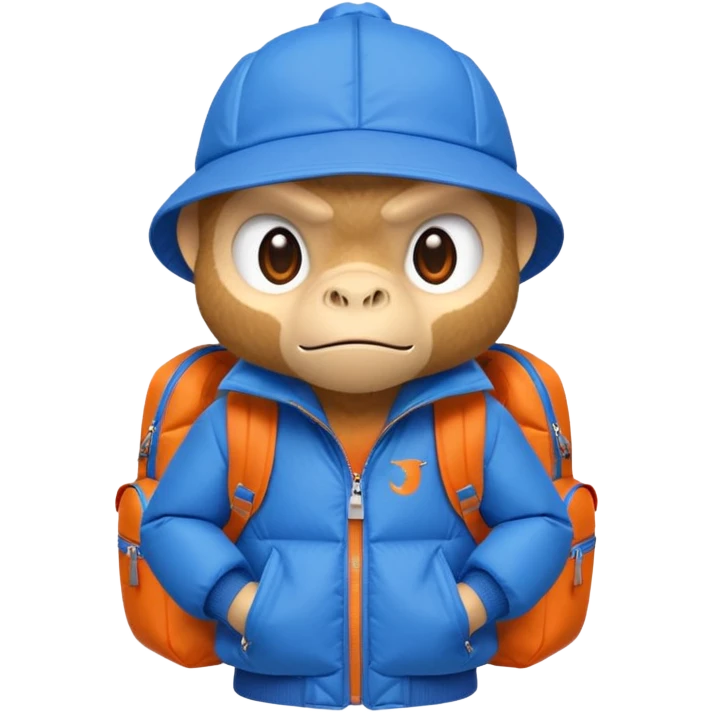 angry monkey wearing a blue puffer jacket, blue origami dinosaur backpack, orange Jurassic Park hat, android emoji style emoji