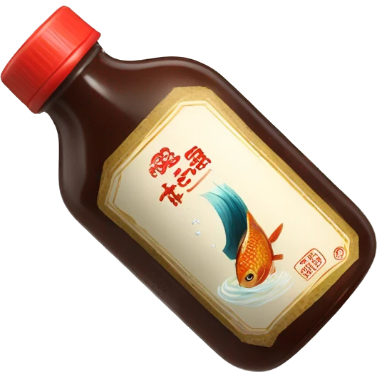 a bottle of fish sauce with a fish swimming on the tag, fish sauce is pouring out of the bottole emoji