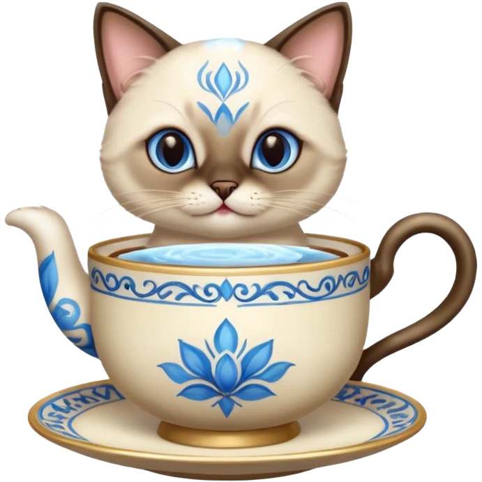 Happy Siamese cat holding an ornate tea cup between its front two paws emoji