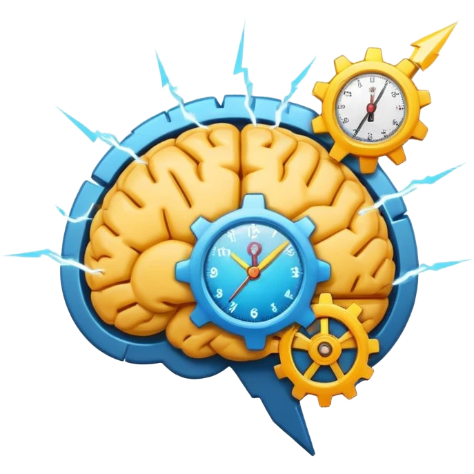 modern minimalistic emoji-style icon showing a brain with a gear overlay and a stopwatch hand or lightning bolt accent, representing quick smart inspiring digital meetings about AI and productivity tools, clean colorful expressive emoji logo emoji