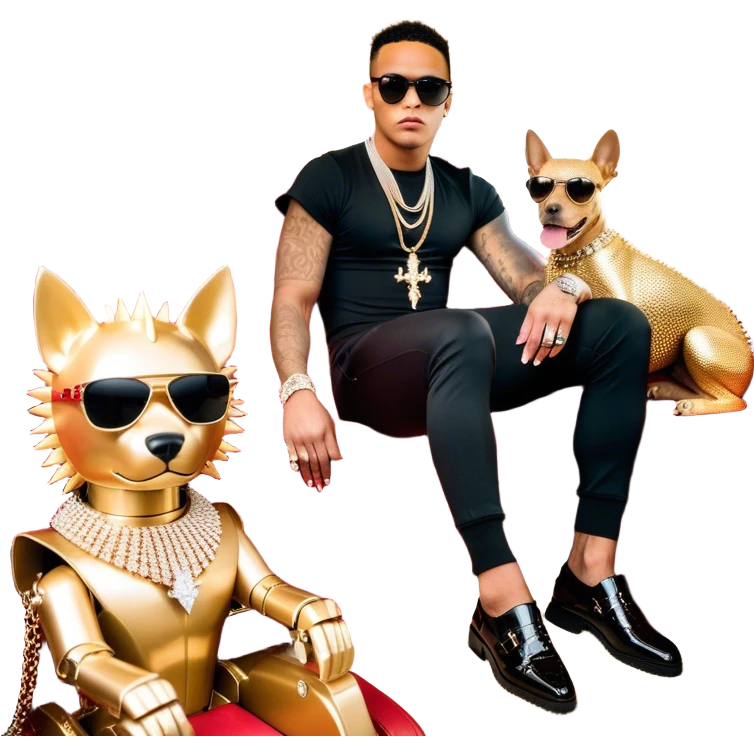 Celebrity Internet Marketer & His Peruvian IG Model Hot Girlfriend: Known As Josh King Madrid, Designer Fit, 3 Diamond Tennis Chains, Golden Sparkle Private Jet Parked Behind Him, Seated On A Massive Gold Throne, Sunglasses On, Famous Instagram Bikini Model Tefi Valenzuela On His Lap, AI Robot Dog Next To His Spiky Diamond-Crusted Louboutin Red Bottoms. Emoji style  emoji