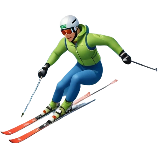 An icon featuring snowy peaks, pine trees, and a picturesque mountain landscape with a skier racing down a snow-covered slope. The sky is blue with soft clouds, capturing the thrill and beauty of alpine skiing. Transparent background highlights the excitement and serenity of winter sports. emoji