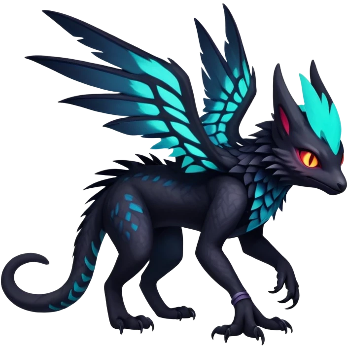 Black Dark Exotic Tropical Beaked Feathery Nocturnal Neon-glowing Abyssal Nightly Abyss-Cat-Gryphon-Noivern-Salandit-Silvally-Fakémon Creature (full body) emoji