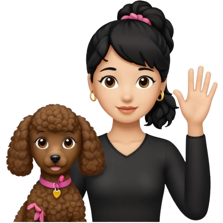 Ponytail black hair girl with brown Poodle say goodbye  emoji