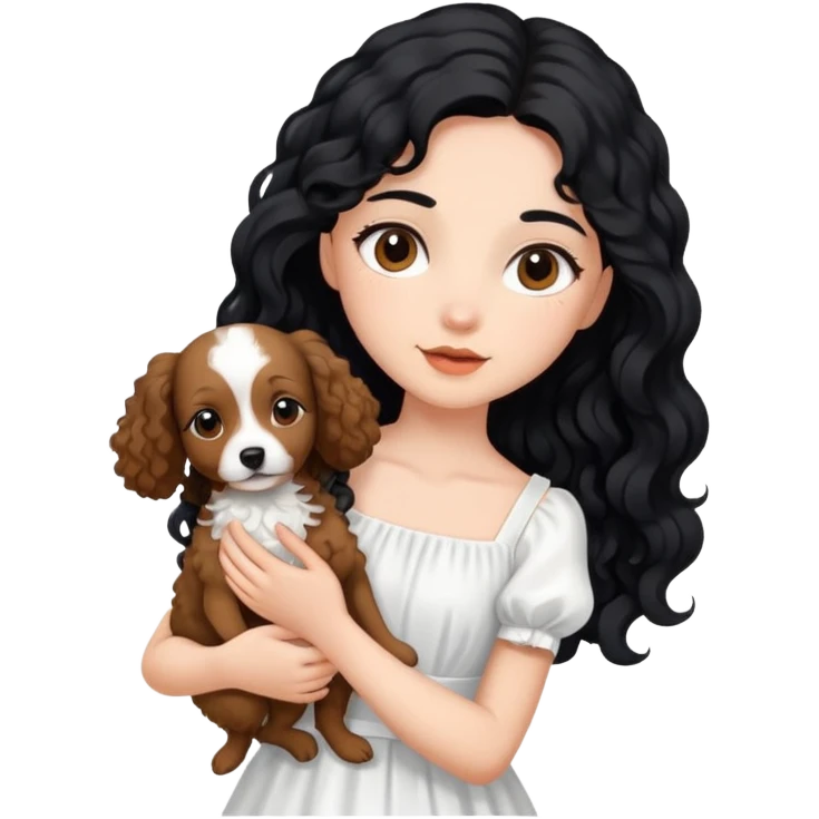A beautiful girl with long black hair in a white dress holds a small brown curly-haired dog emoji