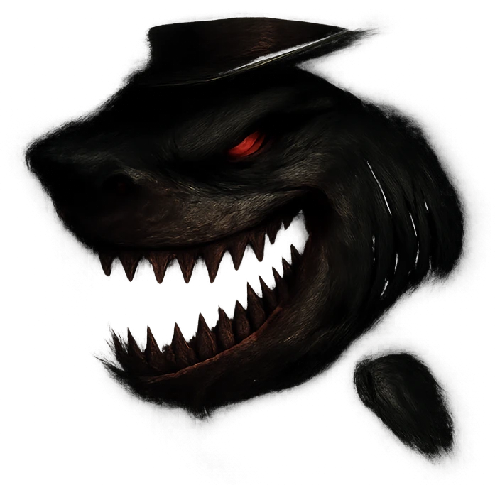 Make the shark look dangerous and menacing, inspired by the Antichrist—give it a sinister expression, sharp teeth, and a dark, ominous aura, but keep the top hat. No background. emoji
