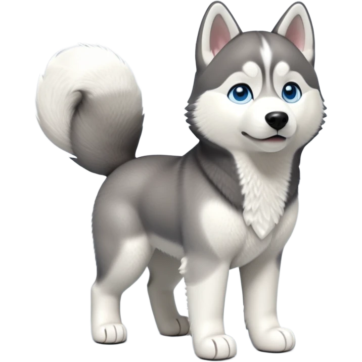 cinematic-[siberian husky]-realistic-full-body-standing-emoji,-tail-resting-loosely-beside-its-paws,blue eyes-head-tilted-dramatically, -fluffy-[grey and white]-fur,-simplified-yet-realistic-focused-features,-highly-detailed,-glowing-with-an-almost-sarcastic-glow emoji