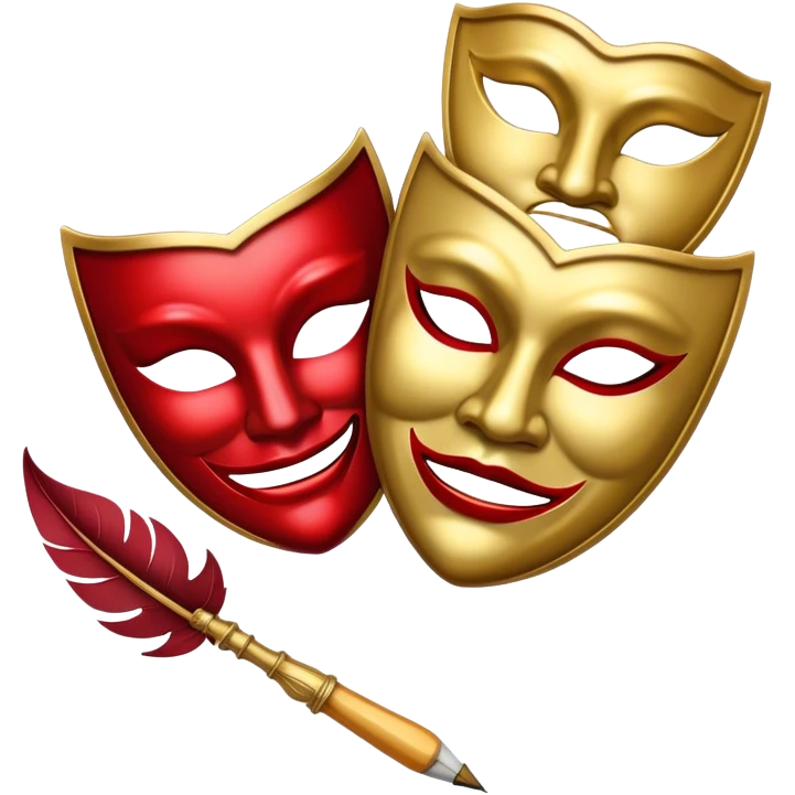 Create a bold and dramatic emoji representing the art of playwriting. The design should feature an open script or a theater playbook, with stylized text inside. Include elements like a theatrical comedy and tragedy masks, a stage spotlight, or a writting quill to symbolize creativity and performance. Use deep, contrasting colors like red, black, and gold to evoke the intensity and passion of drama. The overall design should feel dramatic, inspiring, and artistic. Make the background transparent. emoji