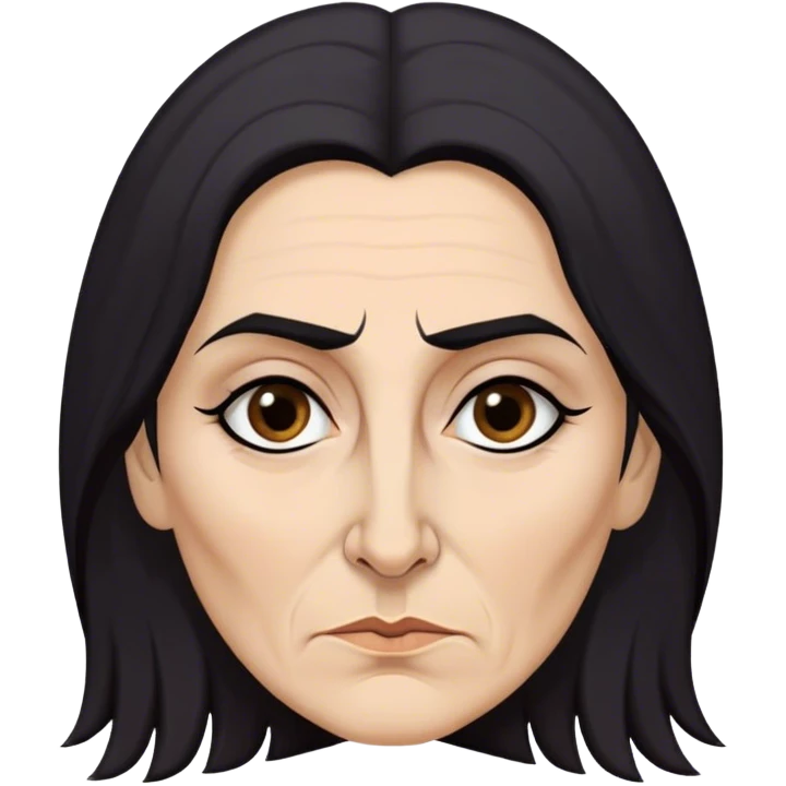 Mirri Maz Duur is a weathered, age 50 woman with deep-set dark eyes, high cheekbones, and a sharp nose, giving her a stern, knowing expression. Her long, unkempt dark hair  falls loosely over her shoulders emoji