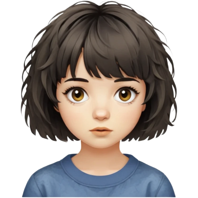woman with short french bob haircut tousled textured messy wavy hair short straight-across blunt baby bangs very messy hair emoji