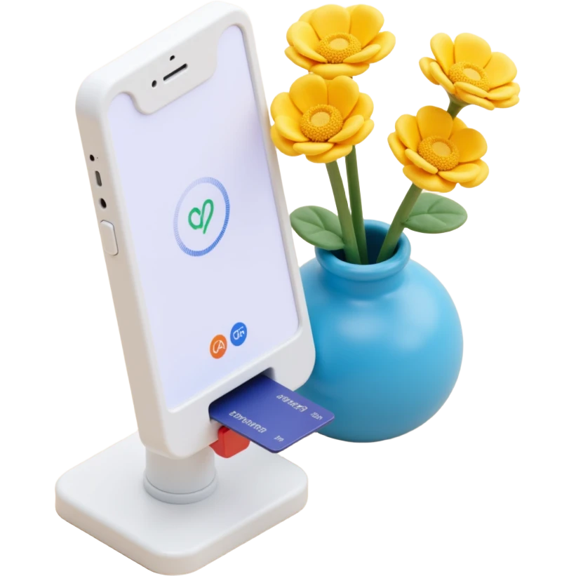 a skeuomorphism style icon featuring a white modern payment terminal with a large screen displaying a loading animation, a card inserted, next to a blue vase with yellow flowers, soft lighting, similar composition to the reference emoji
