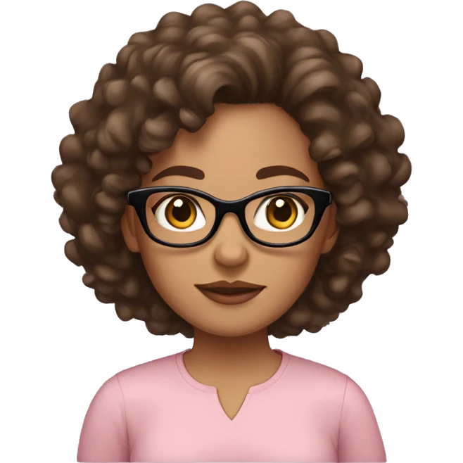 A women with brown medium curly hair, light skinned, full cheeks, black glasses, blush pink shirt emoji