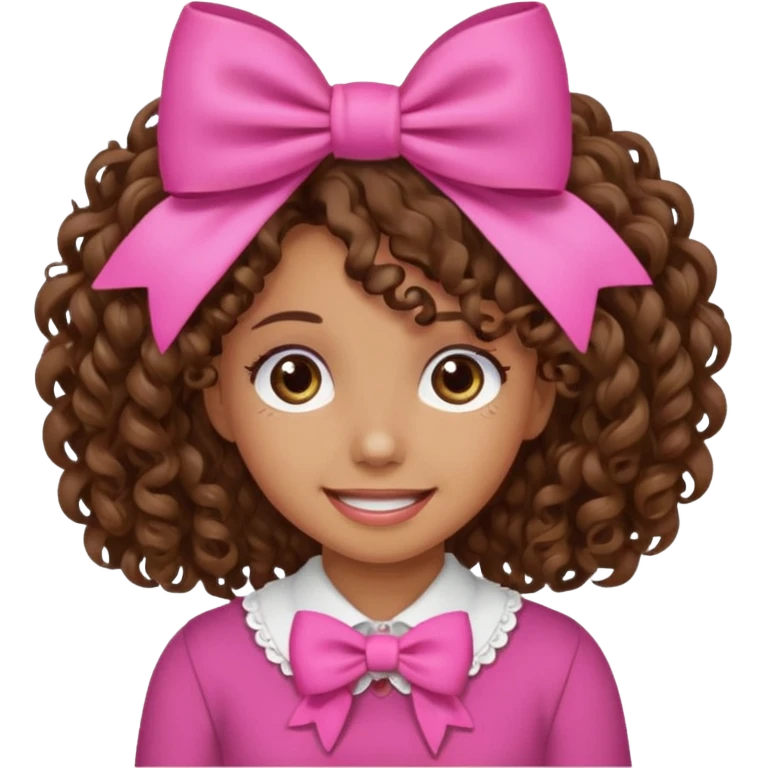 Curly hair brown hair tan skin girl, Pleading Face emoji, using pink bow emoji