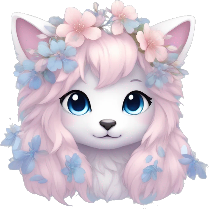 Anthro Cute Cool Blushing Pastel Innocent Shy Kawaii gorgeous sparkly ethereal fantasy anime animal creature with blue eyes furry sona with flowers and ribbons beautiful aesthetic emoji