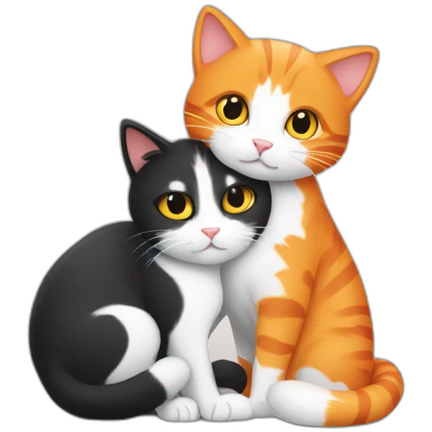 An orange cat and a black and white cat hugging emoji