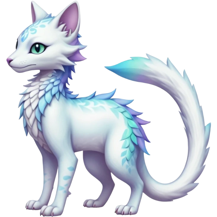 Kawaii white pastel iridescent beautiful pretty elegant divine edgy fantasy feline-vernid-sergal-Haku-fursona-animal-creature with a tufted tail full body with intricate markings  emoji