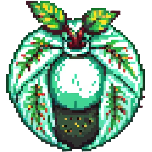 Green digital bomb animation frame 1, round bomb body with green highlights, full-length leaf-shaped fuse at top, nature-inspired design, pixel art style emoji