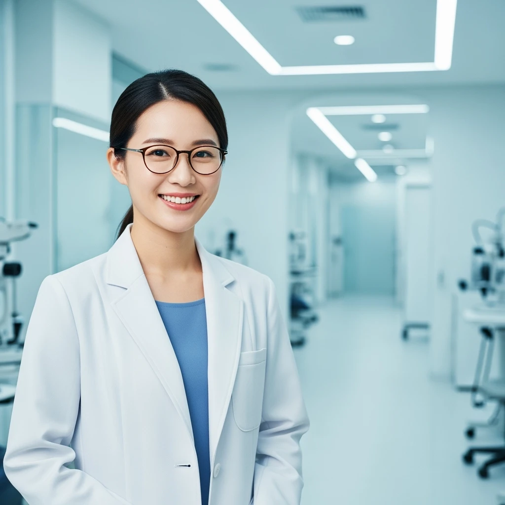 TV Advertising of a smiling woman with glasses smiling, minimalistic ophthalmologist interior in background, leading  lines, rule of thirds emoji