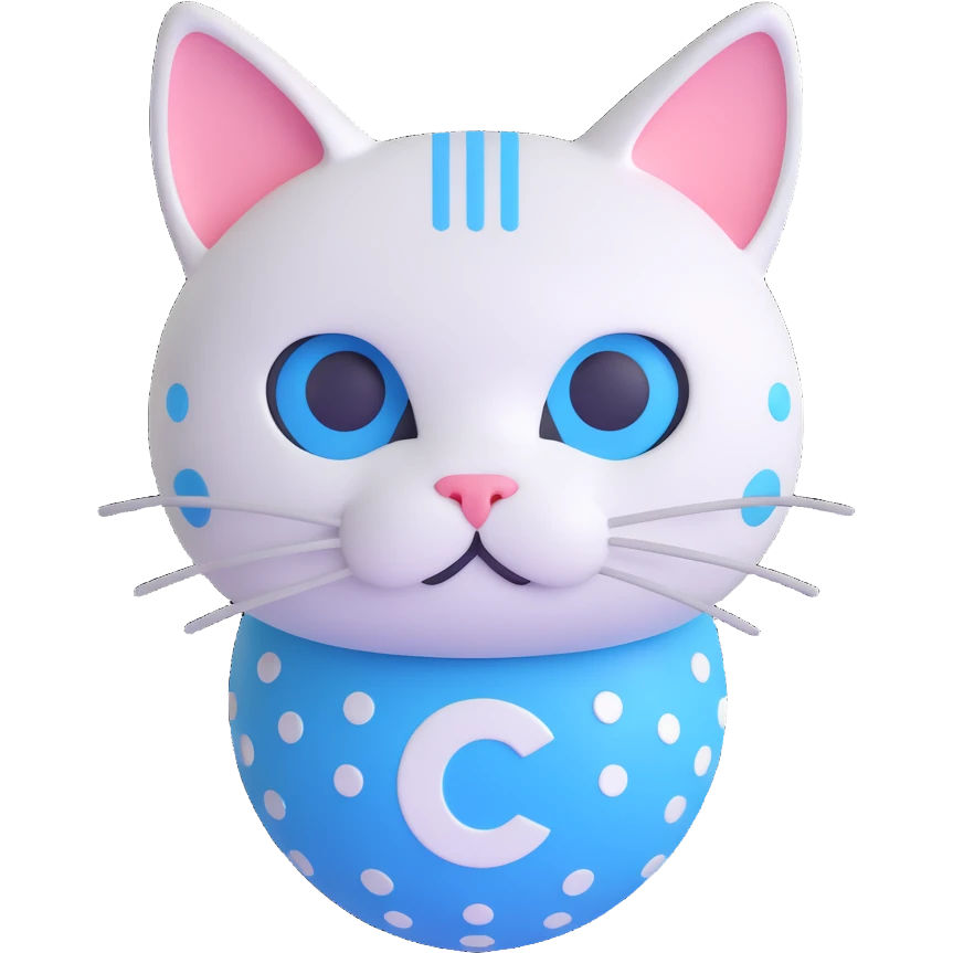 calm and intelligent cat inspired by the Cardano logo, blue and white colors, with circular dot patterns emoji