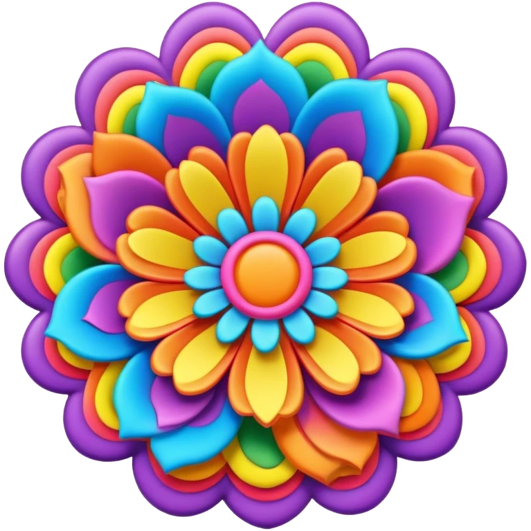 3D, psychedelic rainbow colored label with hippie style flower border emoji