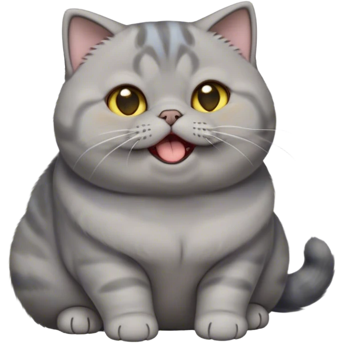 Cinematic Cute Chubby Grey Munchkin Scottish Fold Cat Portrait Emoji, Adorable folded ears and tiny, stubby legs making it irresistibly cute, round and plump body, head tilted playfully and yawning, sleek soft grey fur with subtle blue undertones, big, sparkling yellow eyes, Simplified yet adorable features, highly detailed, glowing with a warm, friendly glow, high shine, curious yet calm, stylized with a touch of whimsy, bright and endearing, soft glowing outline, capturing the essence of a mischievous yet loving and lazy kitty with its signature folded ears and tiny legs, so cute it feels like it could stretch out of the screen and cuddle! emoji