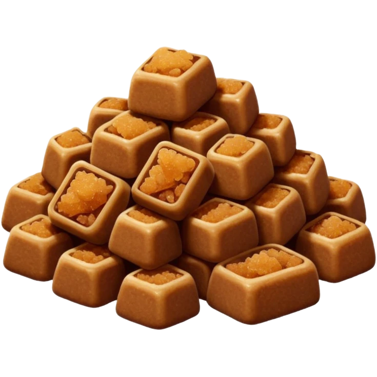 pile of dark brown sugar, moist and clumpy, rich amber tones, fine irregular granules in soft clusters, matte look, sticky from molasses, soft lighting, emoji scale emoji