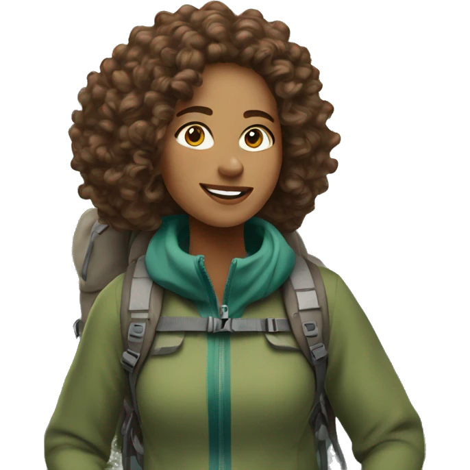 A light skinned women with brown curly hair wearing hiking gear walking up a mountain  emoji