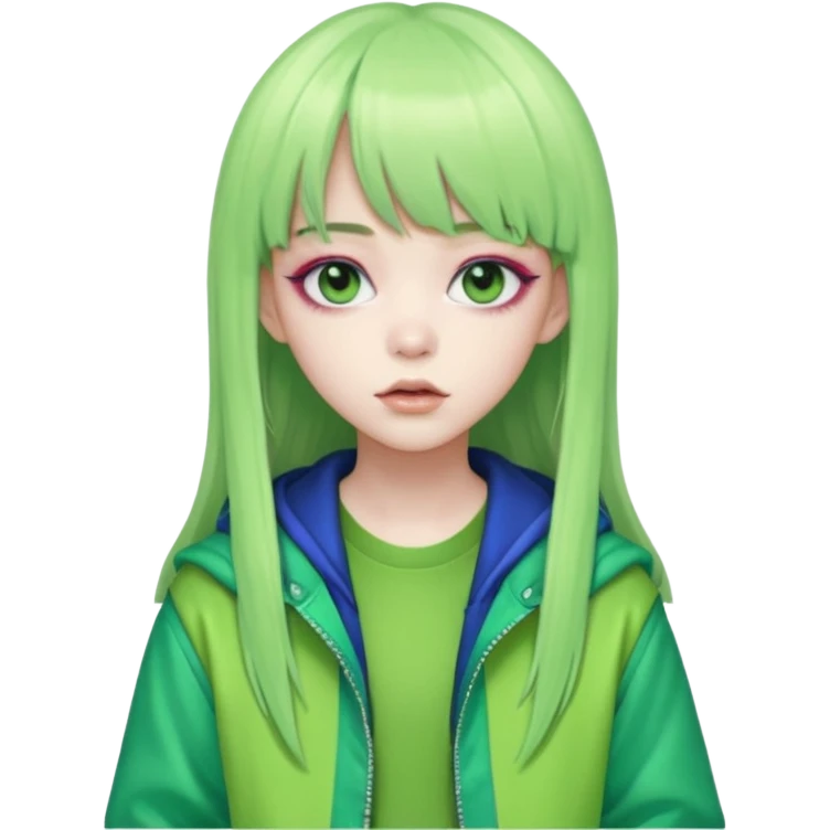  portrait-of-a-green alien-k-pop-idol,-wearing-a-stylish-streetwear-outfit-with-layered-colorful-clothing,-long-hair-with-bangs,-makeup,- emoji