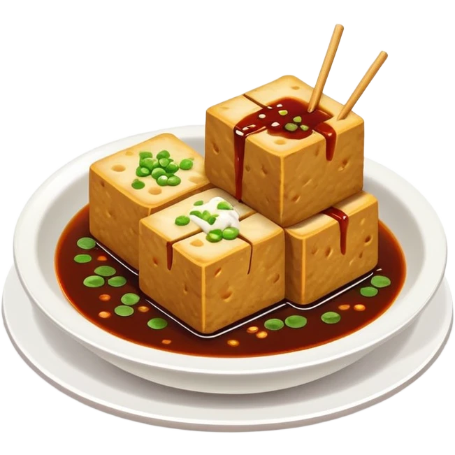 Changsha stinky tofu with dark appearance and sauce, simplified emoji style with bold outlines and bright colors, cartoon style Hunan specialty street food emoji