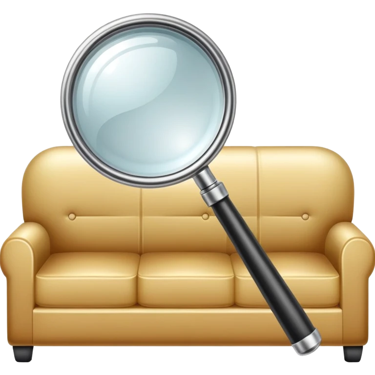 first-person view of a magnifying glass in foreground with a couch visible through the lens, furniture inspection emoji