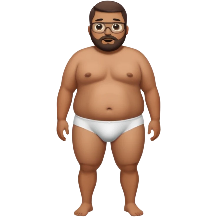 A full body standing, morbidly obese, fat, shirtless tanned mexican guy in his white underwear , with a short buzzcut, a beard, and glasses thats drooling  emoji